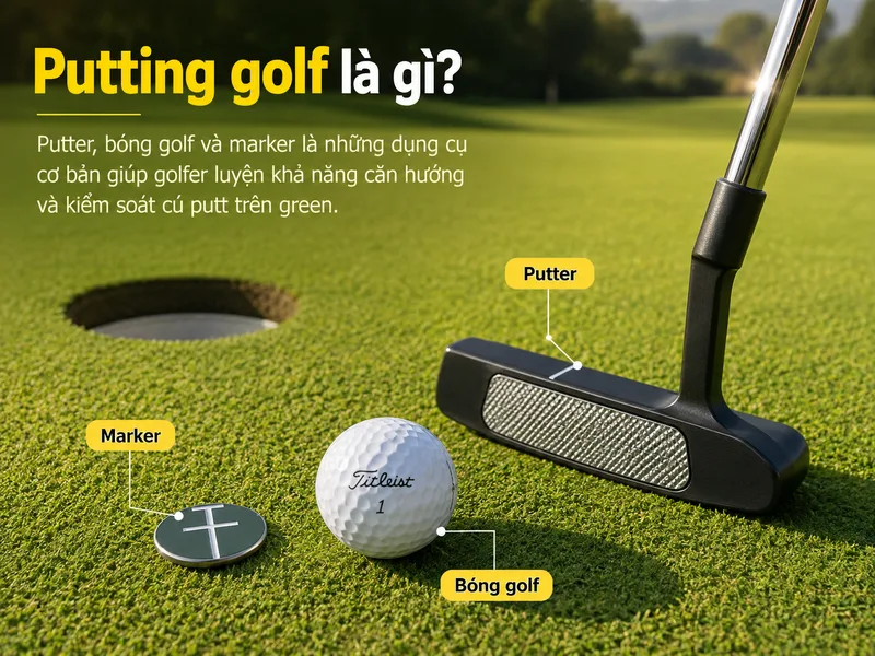 Putter, bóng golf và marker là những dụng cụ cơ bản giúp golfer luyện khả năng căn hướng và kiểm soát cú putt trên green.