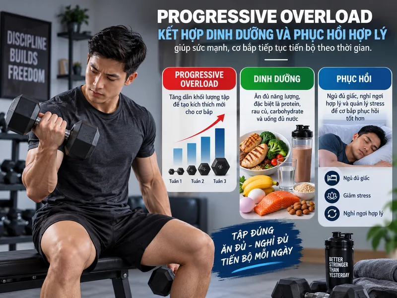 Progressive overload kết hợp dinh dưỡng và phục hồi hợp lý giúp sức mạnh, cơ bắp tiếp tục tiến bộ theo thời gian.