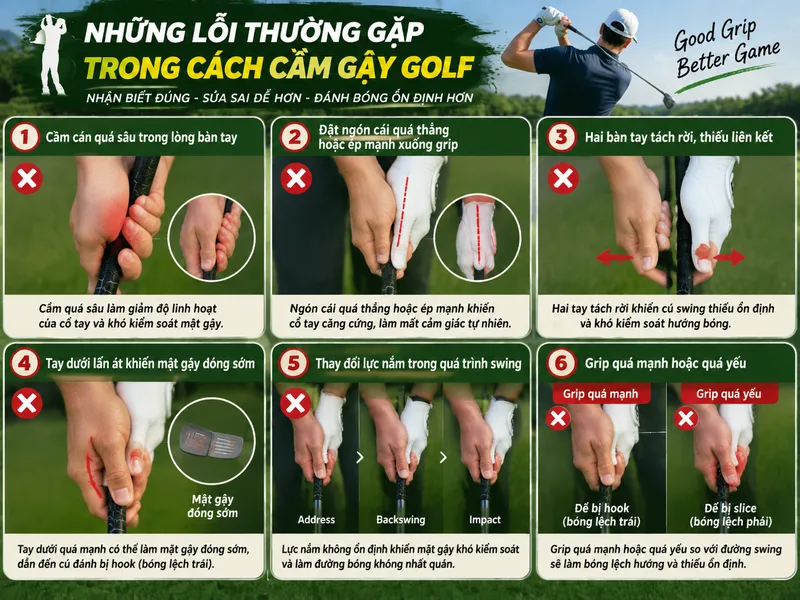 Những lỗi nhỏ trong grip có thể khiến cú đánh thiếu ổn định và khó kiểm soát hướng bóng.