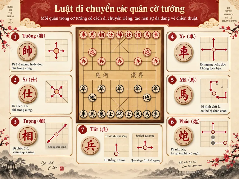 Mỗi quân trong cờ tướng có cách di chuyển riêng, tạo nên sự đa dạng về chiến thuật.
