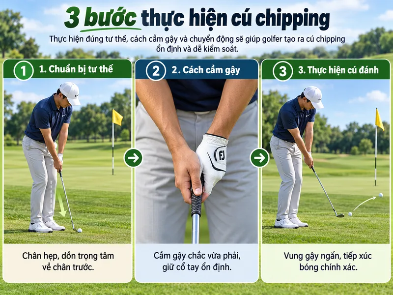 Thực hiện đúng tư thế, cách cầm gậy và chuyển động sẽ giúp golfer tạo ra cú chipping ổn định và dễ kiểm soát.